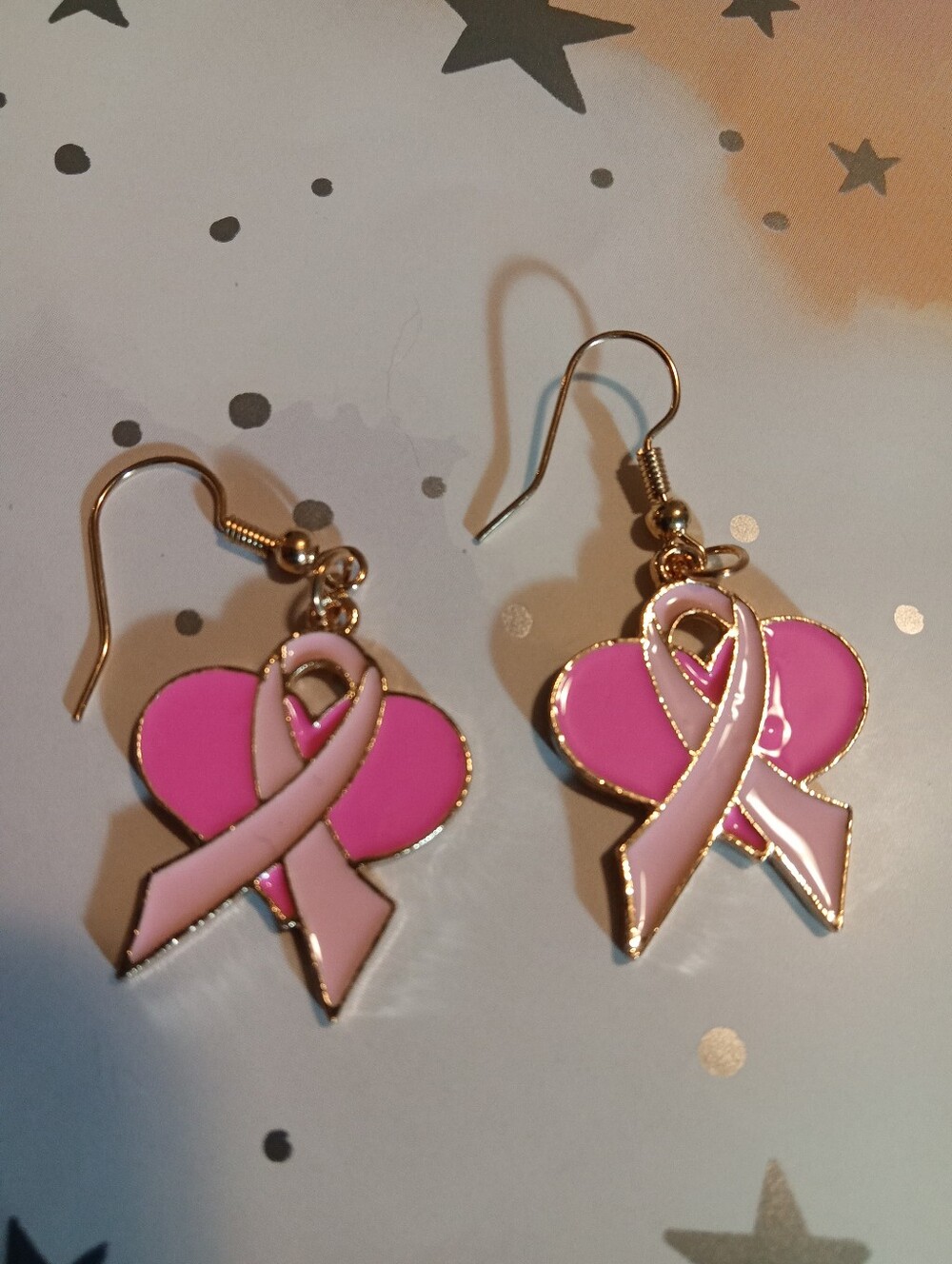 Pink Ribbon Heart Dangle Earrings - Breast Cancer Awareness
